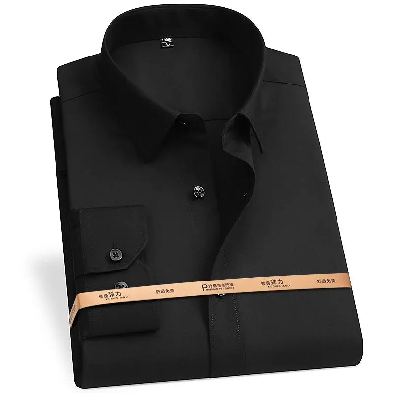 Men's bamboo fiber long sleeve shirt, black, formal style, 5XL-8XL, folded with band