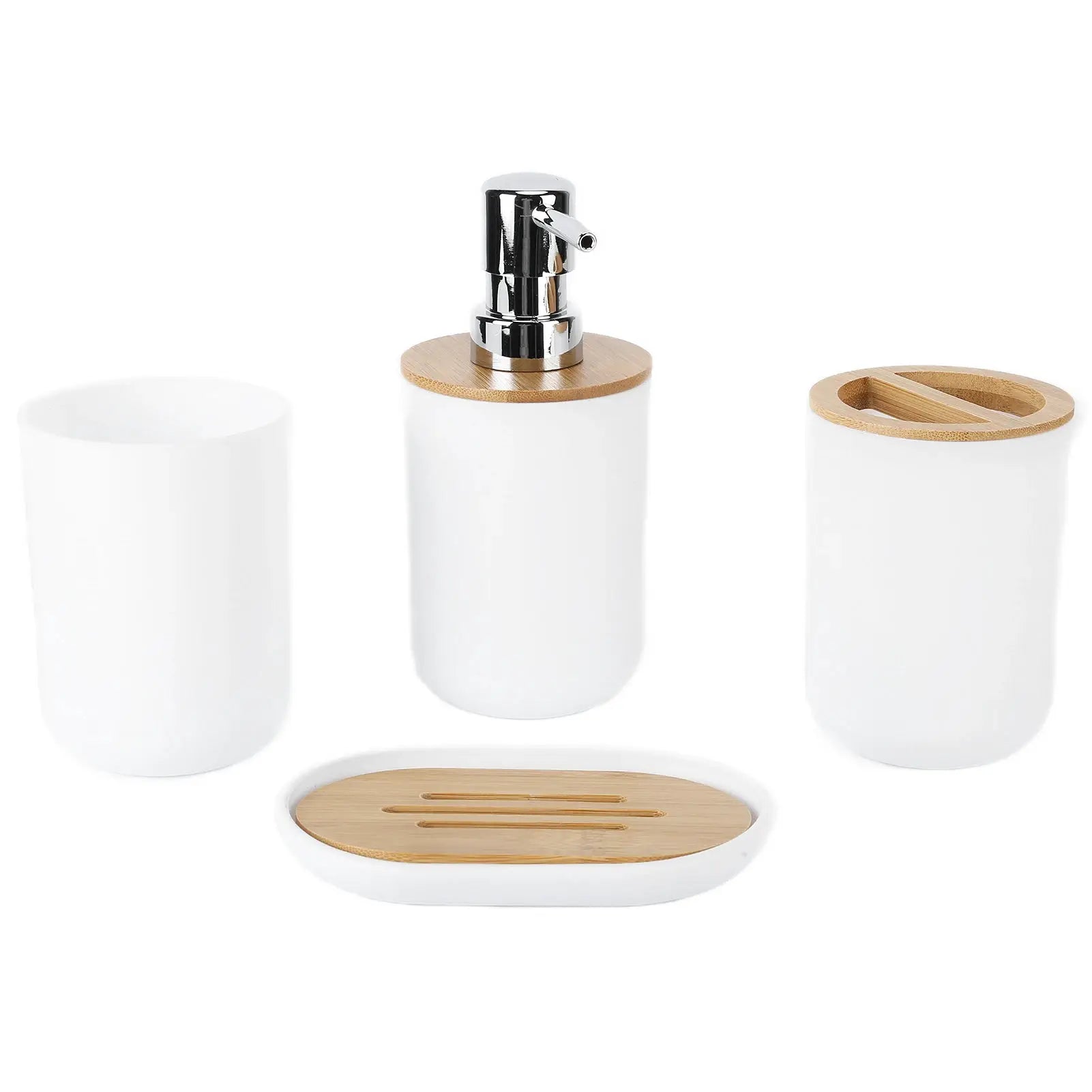 Simples Market 4-piece bamboo bathroom set: white dispenser, toothbrush holder, tumbler and soap dish with bamboo