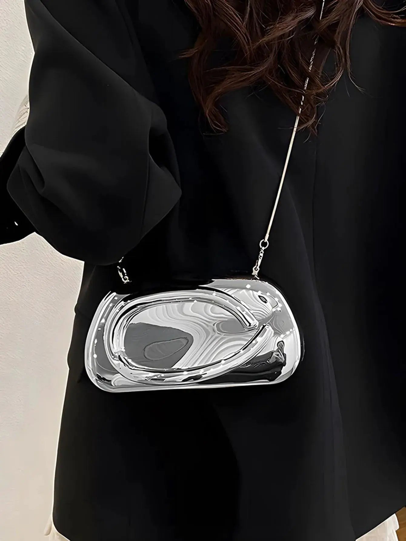 Simples Market acrylic box crossbody bag in silver mirror-like finish with a slim shoulder strap
