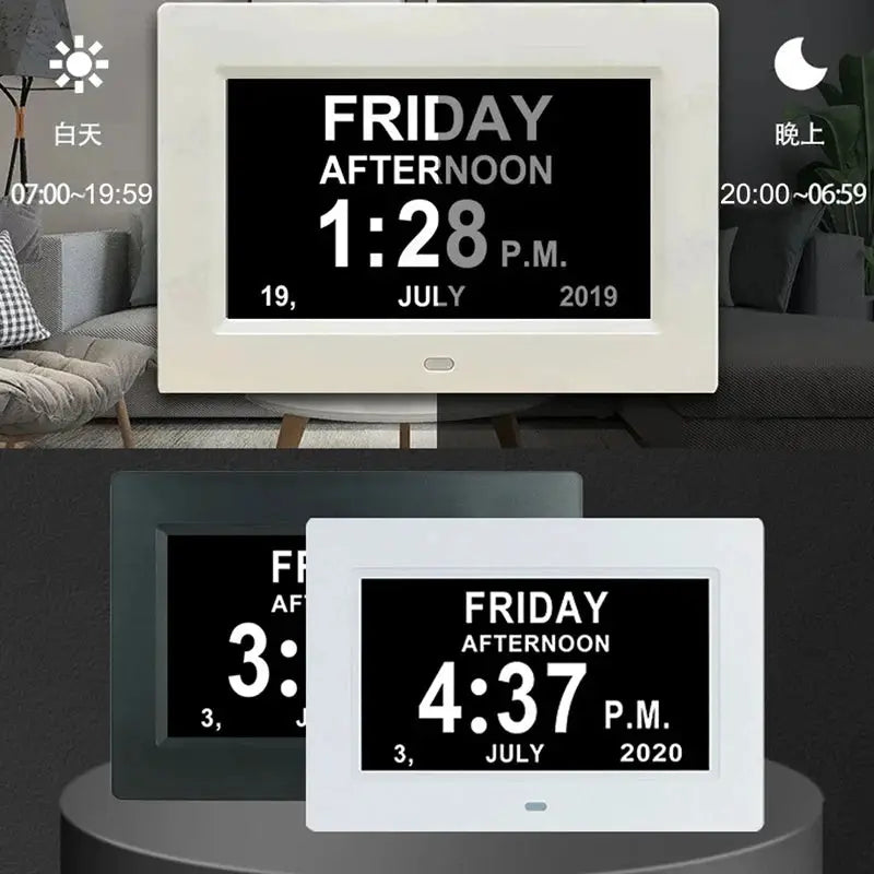 12 Alarms LED calendar clock by Simples Market in white, black, and gray frames (three clocks shown).