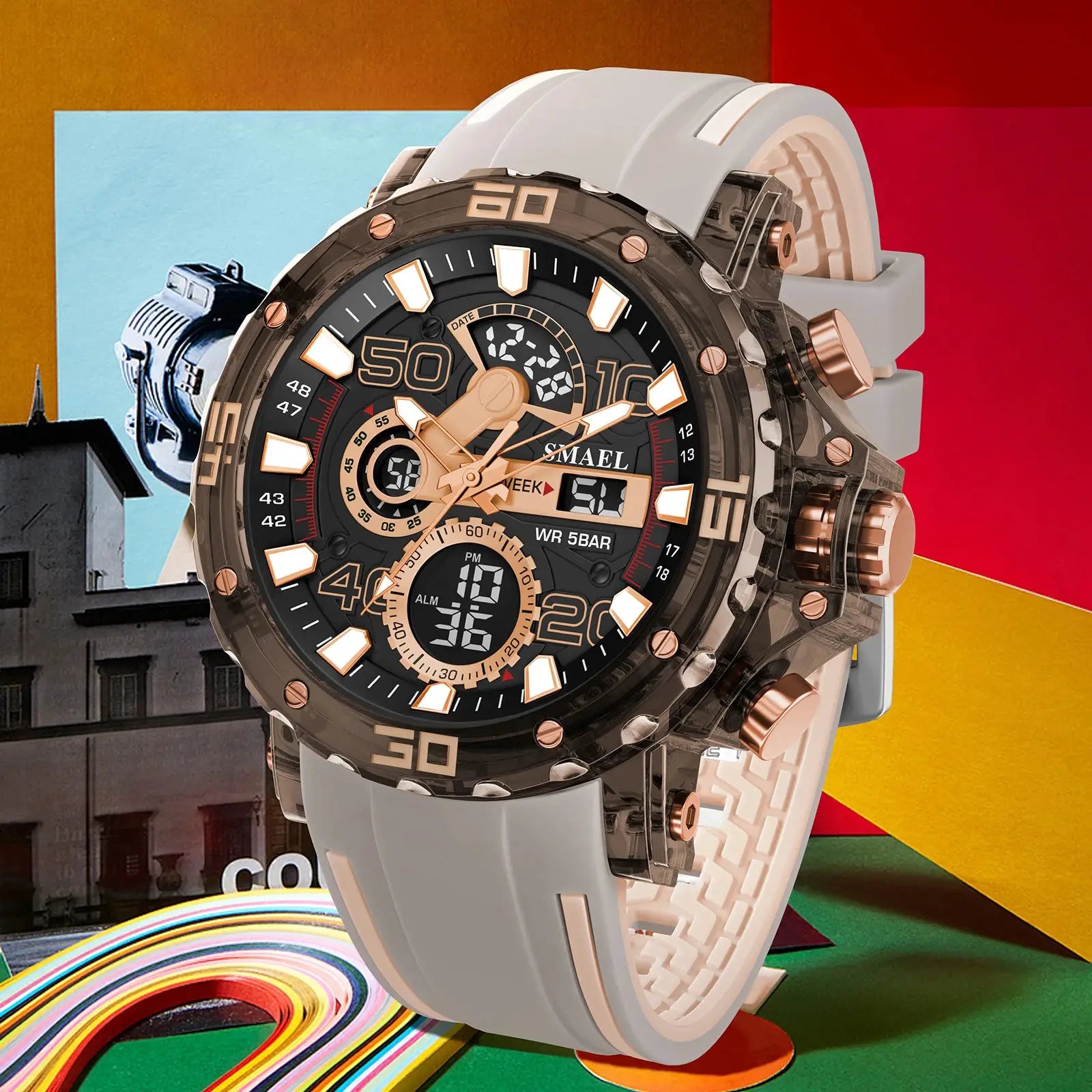 Military-style SMAEL men's watch; gray strap, rose-gold bezel, digital-analog dial, 50m water resistant