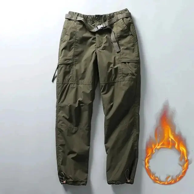 Tooling pants Simples Market olive green waterproof fleece cargo pants, unisex multi-pocket winter outdoor trousers.