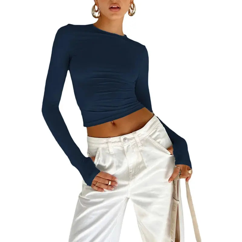 NovaTrend Women Crop Top Long Sleeve Crew Neck Slim Fit Tee Cotton Polyester Blend With Thumb Hole Design For Comfort