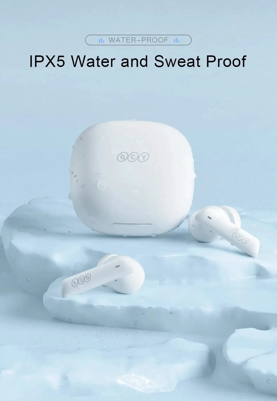 QCY HT05 ANC wireless earbuds pair with white charging case on light blue surface