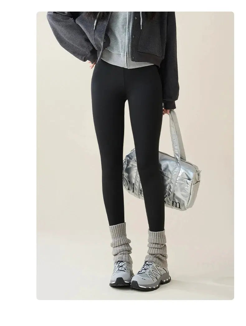 Leggings, black fleece-lined sharkskin, warm women's tights