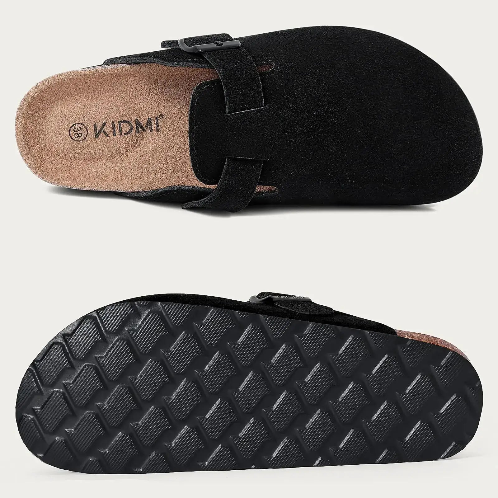 KIDMI black suede clogs with adjustable strap and cork footbed