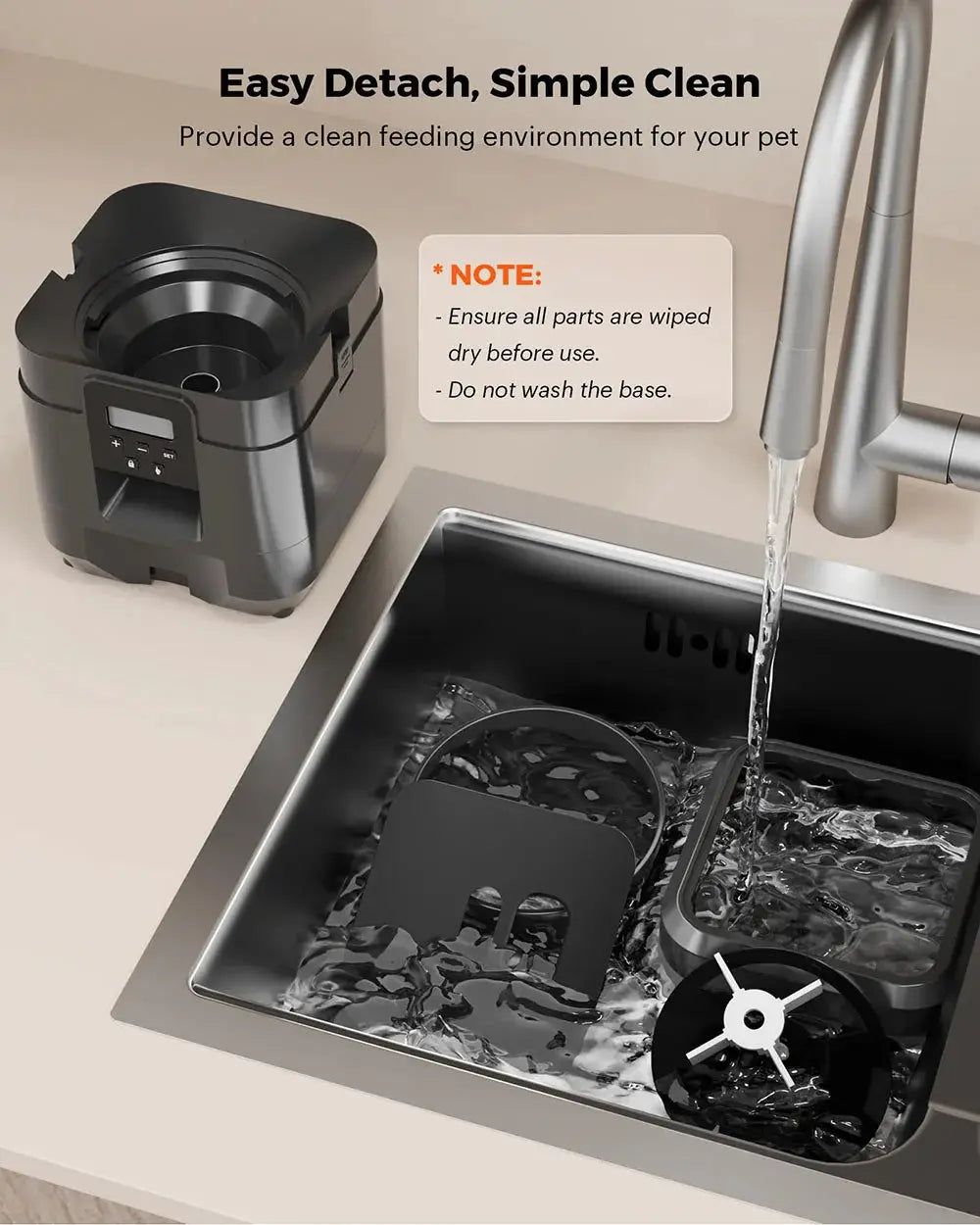 Simples Market smart pet feeder; automatic cat and dog food dispenser with timed portions, black plastic.