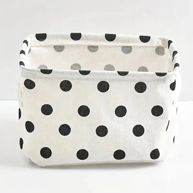 1pc foldable canvas storage basket with handle; white with black polka dots, desktop organizer