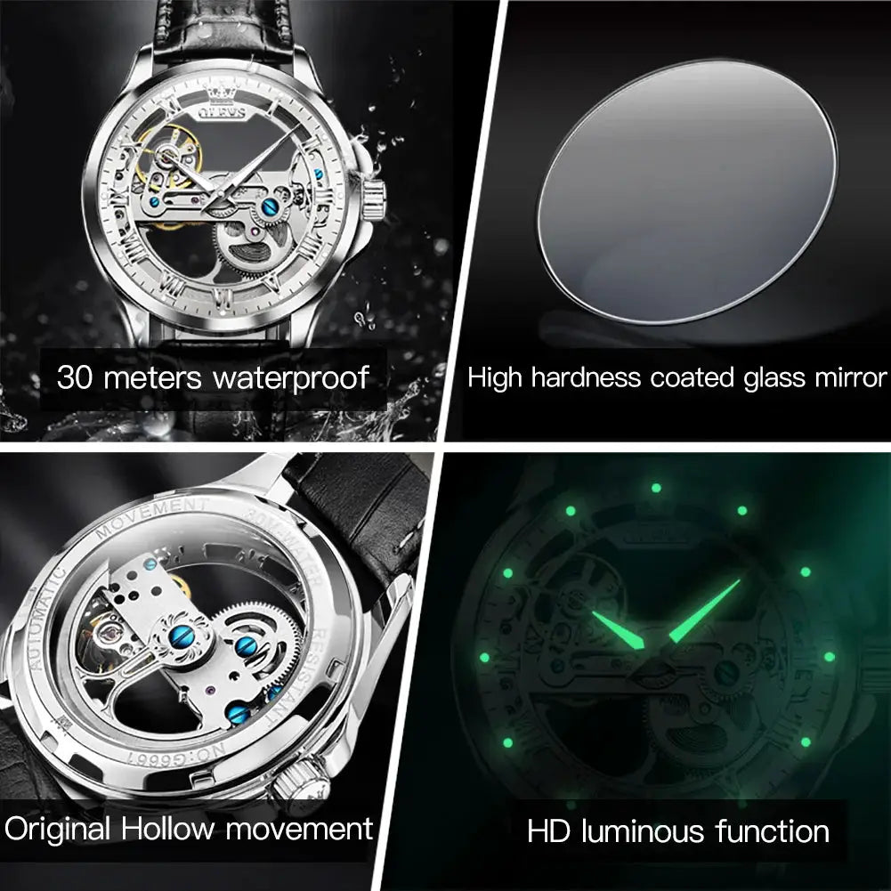 OLEVS 6661 skeleton automatic wristwatch with leather strap, waterproof and luminous.