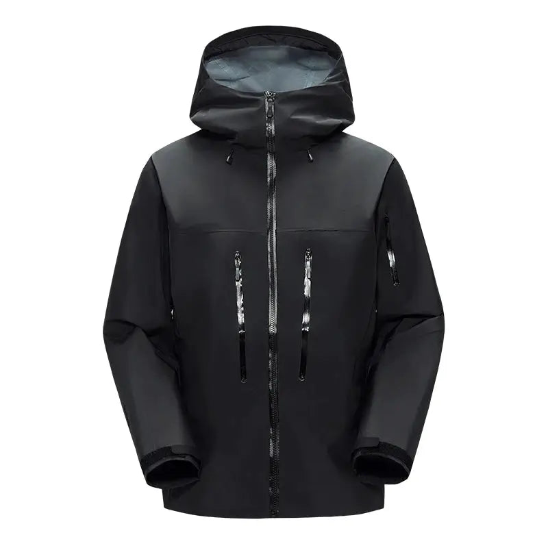 Simples Market men's windproof hooded jacket in black with front zipper and two vertical chest pockets