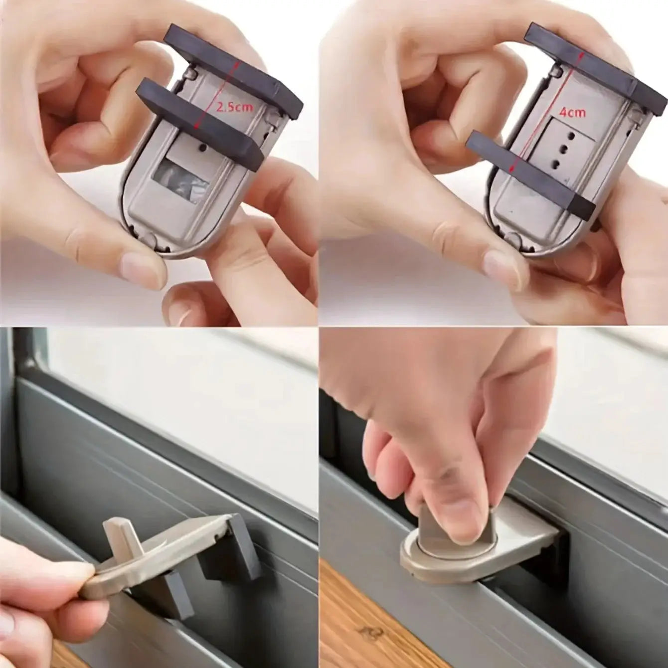 Sliding sash stopper lock with gray metal body and black straps for window and door security.