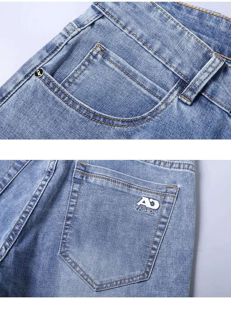 Men's light-blue slim stretch denim jeans with front pockets and AD FASHION logo on back pocket