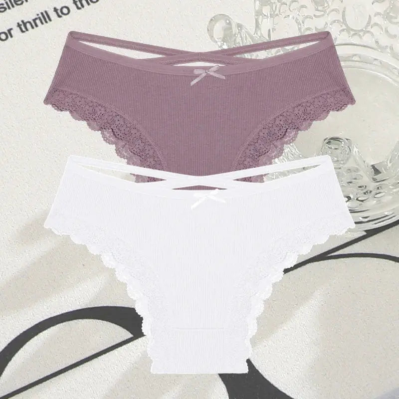 Simples Market 2-pack cotton lace Brazilian briefs for women, low-rise with cross-strap waistband in mauve and white