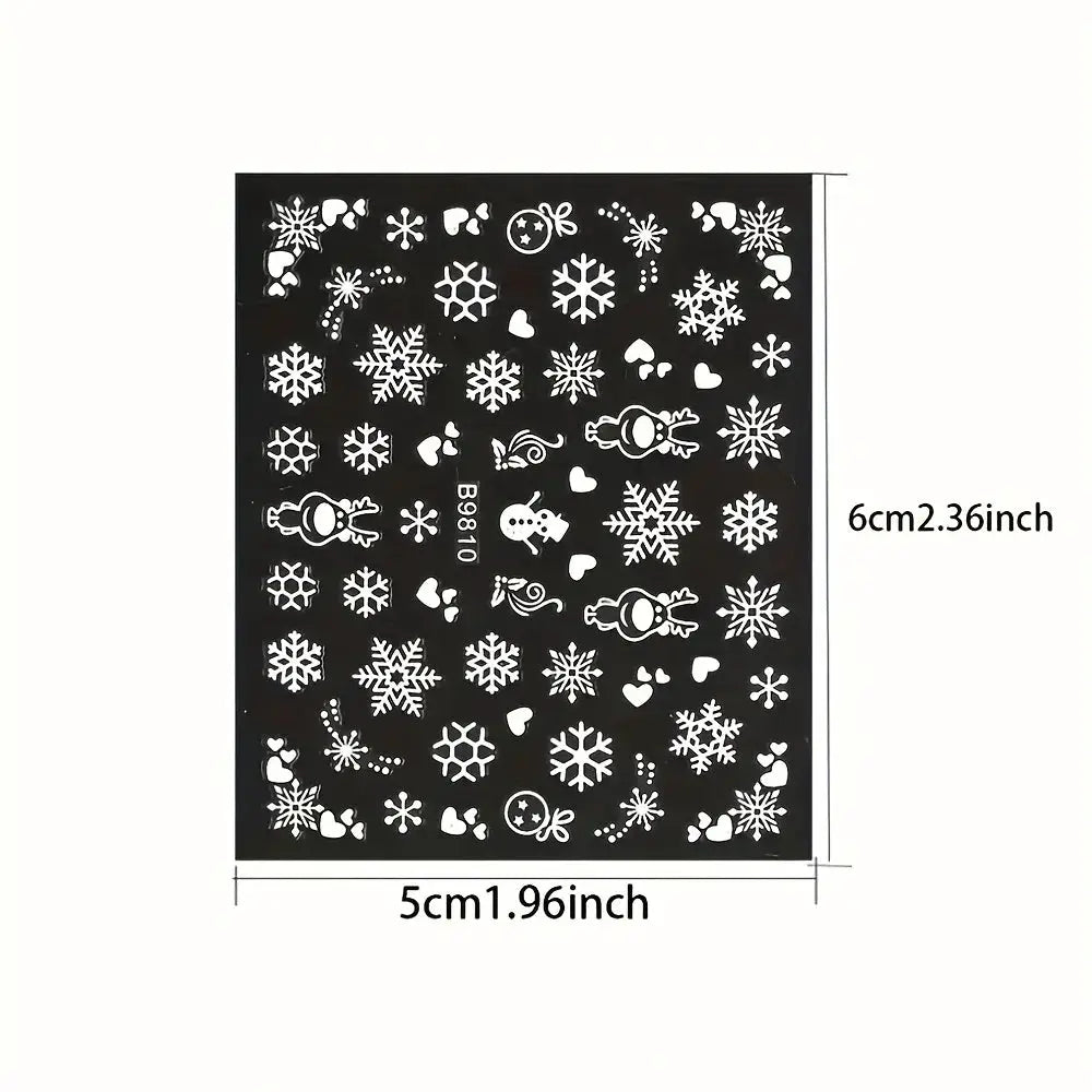 Nail art stickers sheet; Christmas 3D self-adhesive decals with white snowflakes and snowmen