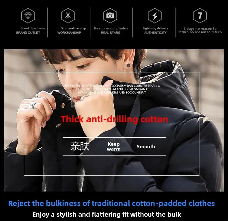 Men's mid-length thickened hooded cotton-padded winter jacket by Simples Market, black