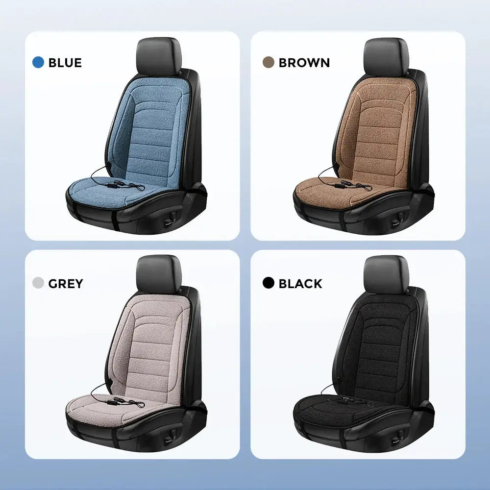 Massager chair pad with heating and vibrating back support; four color options blue, brown, grey, black