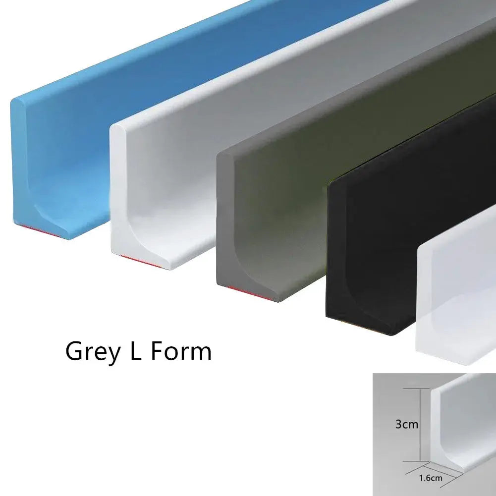Silicone shower dam strips by Simples Market, five L-shaped water blockers in blue, white, gray, black and clear