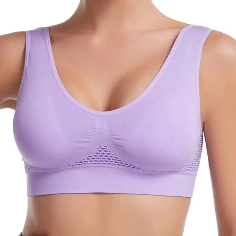 Wireless sports bra S-7XL lavender by Simples Market, with grid air-hole mesh panel