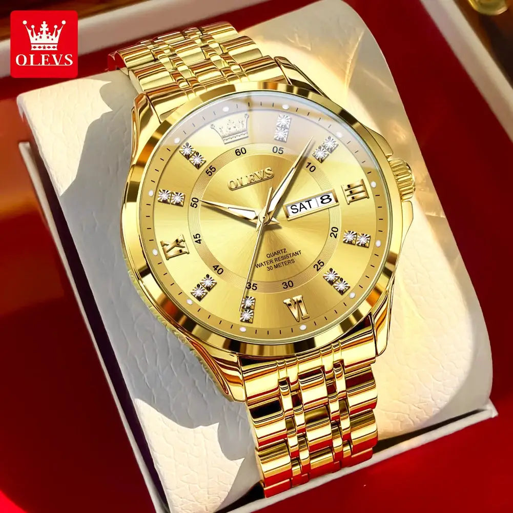 OLEVS 3620 gold-tone stainless steel men's quartz watch with date window and diamond markers