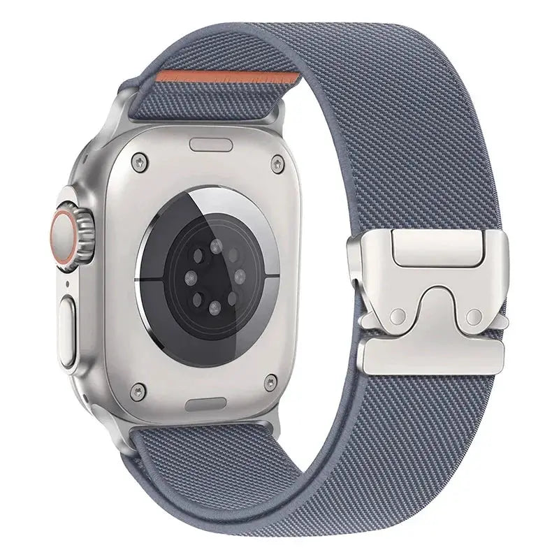 Braided elastic nylon strap for Apple Watch Ultra 2 in blue-gray with metal clasp, fits 49mm/46mm models