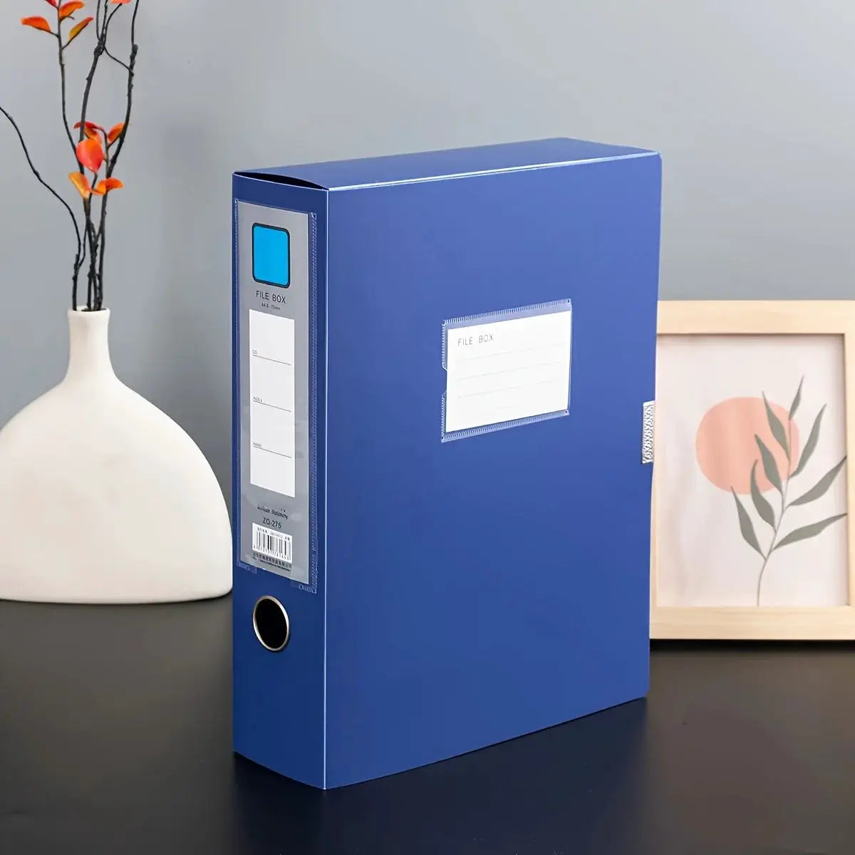 Blue PP A4 file storage box with side label panel and circular filing hole