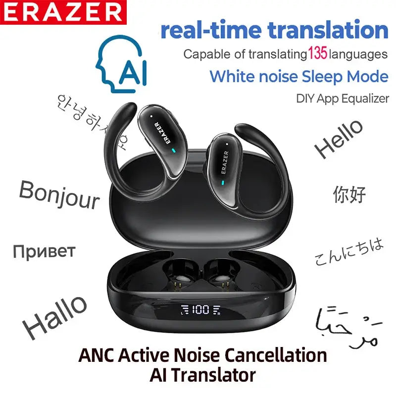 ERAZER XT80pro wireless earbuds with charging case in black; ANC and AI translator features.