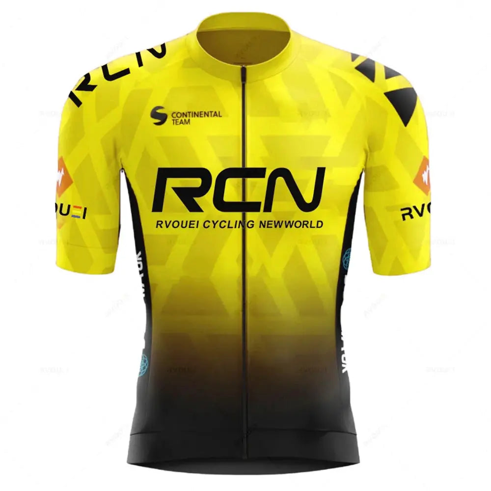 Rvouei cycling jersey set, yellow-to-black gradient, short sleeves, full-zip, breathable road bike kit