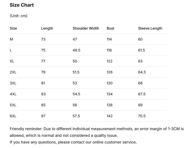 Simples Market -30 Degree Winter Down Jacket Men size chart shows M–6XL measurements: length, shoulder, bust, sleeve.