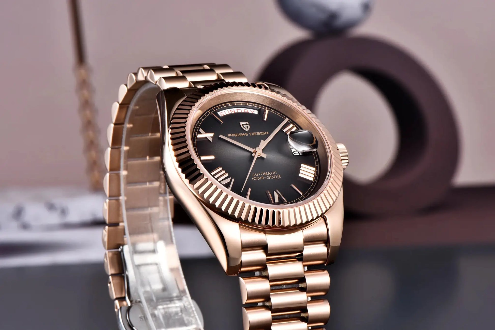 Pagani Design DD40 automatic men's watch in rose gold with stainless steel bracelet and black dial