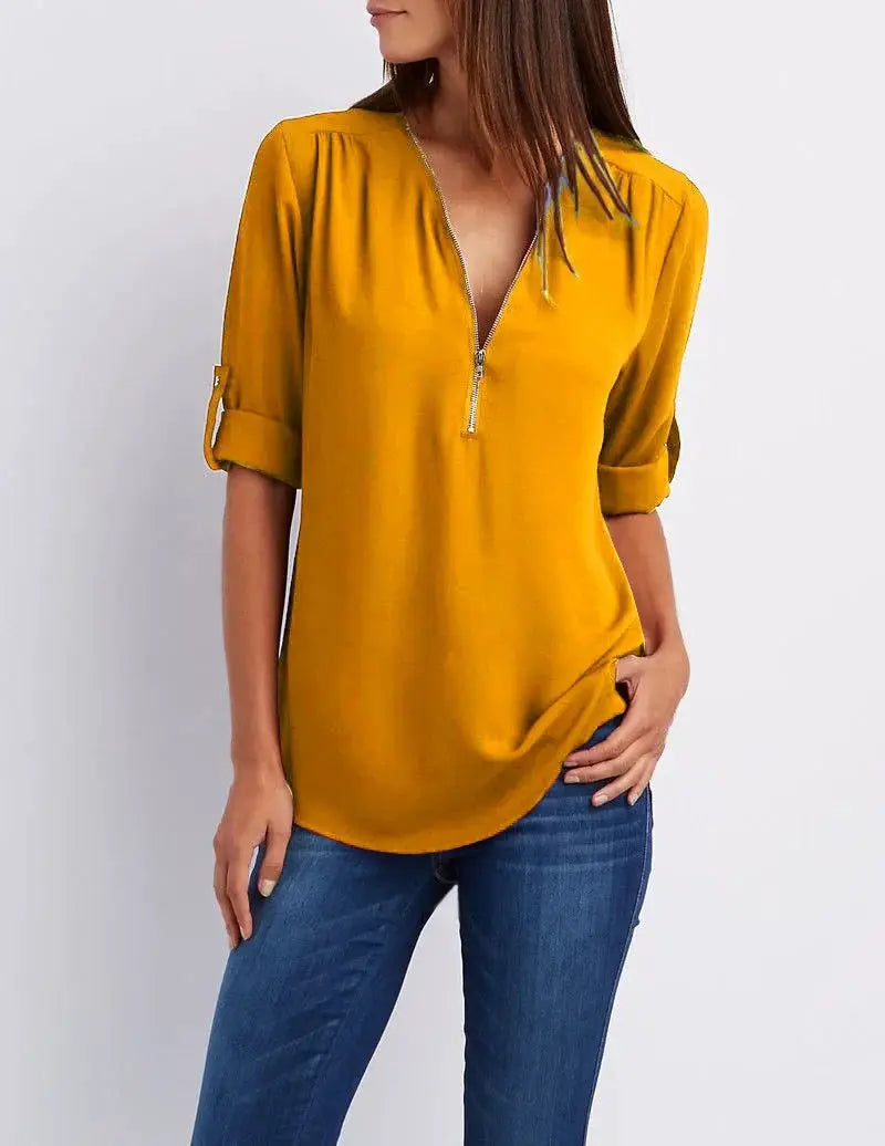 Women's mustard yellow chiffon blouse with deep V-neck zipper, rolled sleeves, loose fit, Simples Market