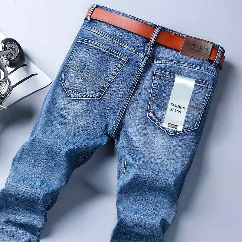 Wthinlee men's denim jeans, light blue straight-leg casual work trousers with brown belt