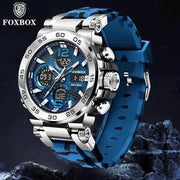 Foxbox men's wristwatch with blue silicone strap and stainless steel case, blue multi-dial face.