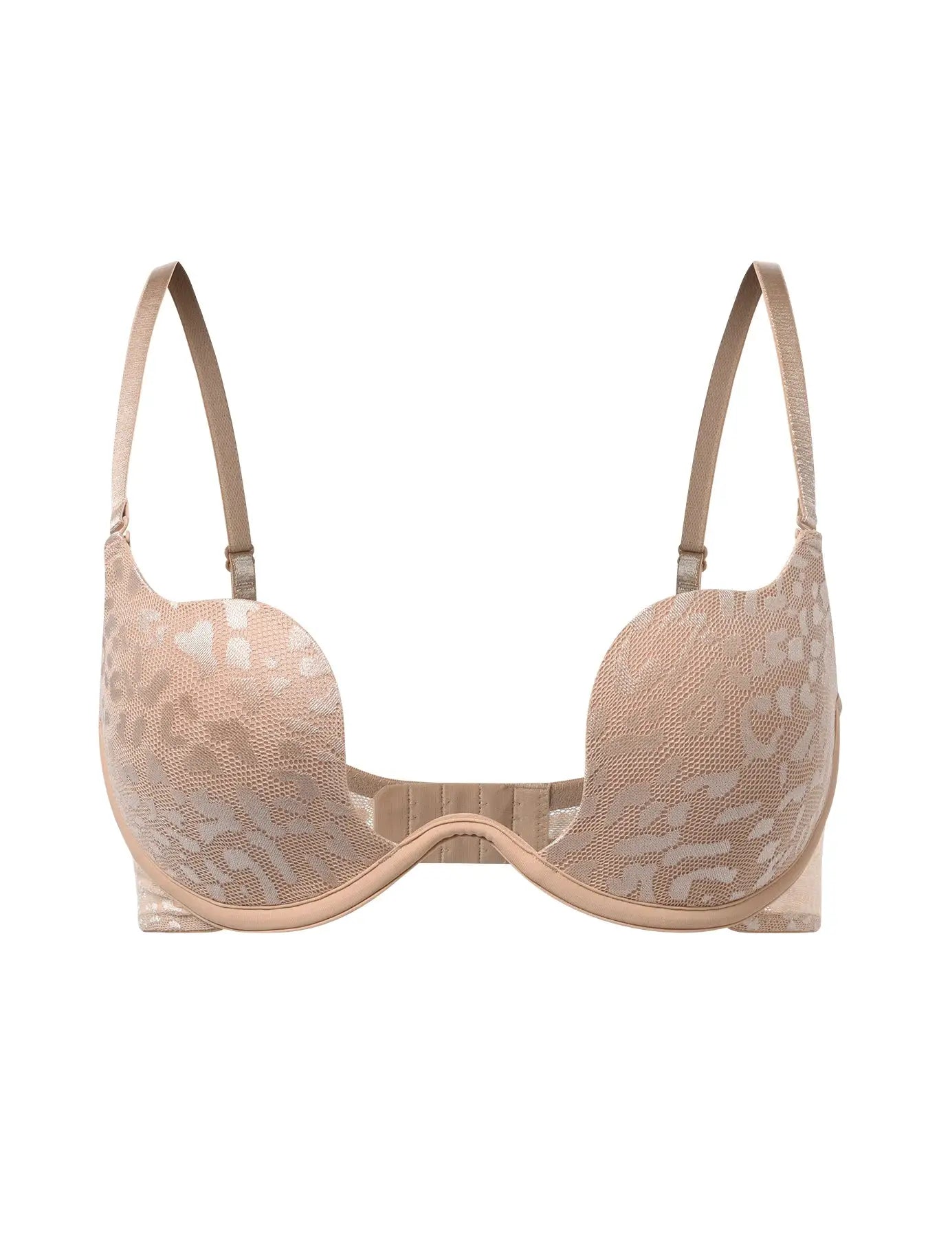 Beige lace underwire push-up bra with padded cups and adjustable straps
