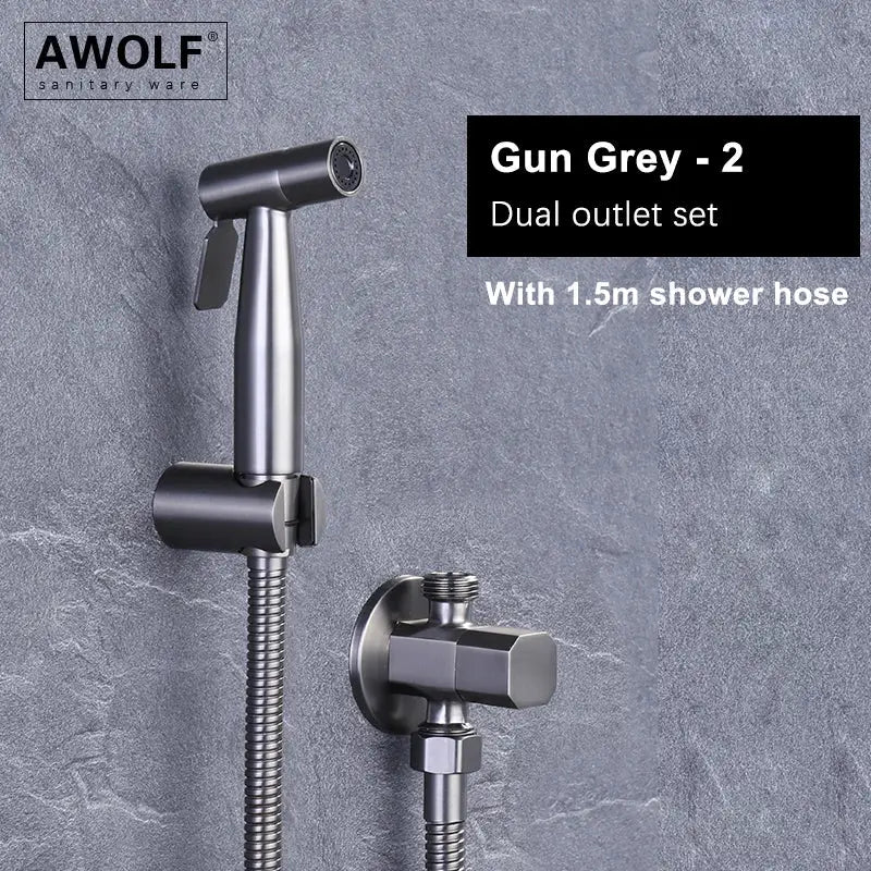 Handheld bidet sprayer by AWOLF in gun-grey with dual outlets, wall-mount valve, and 1.5m hose
