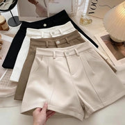 Simples Market casual women's high-waist A-line shorts set - four colors (black, white, beige, taupe) with belt loops and front buttons