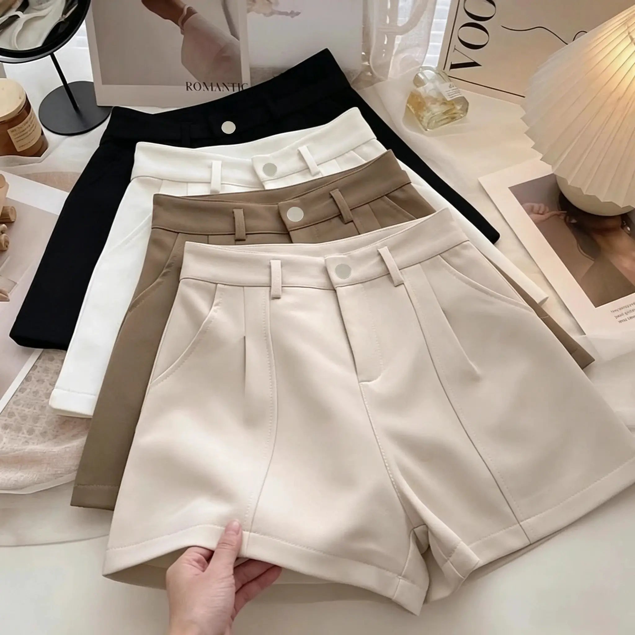 Simples Market casual women's high-waist A-line shorts set - four colors (black, white, beige, taupe) with belt loops and front buttons