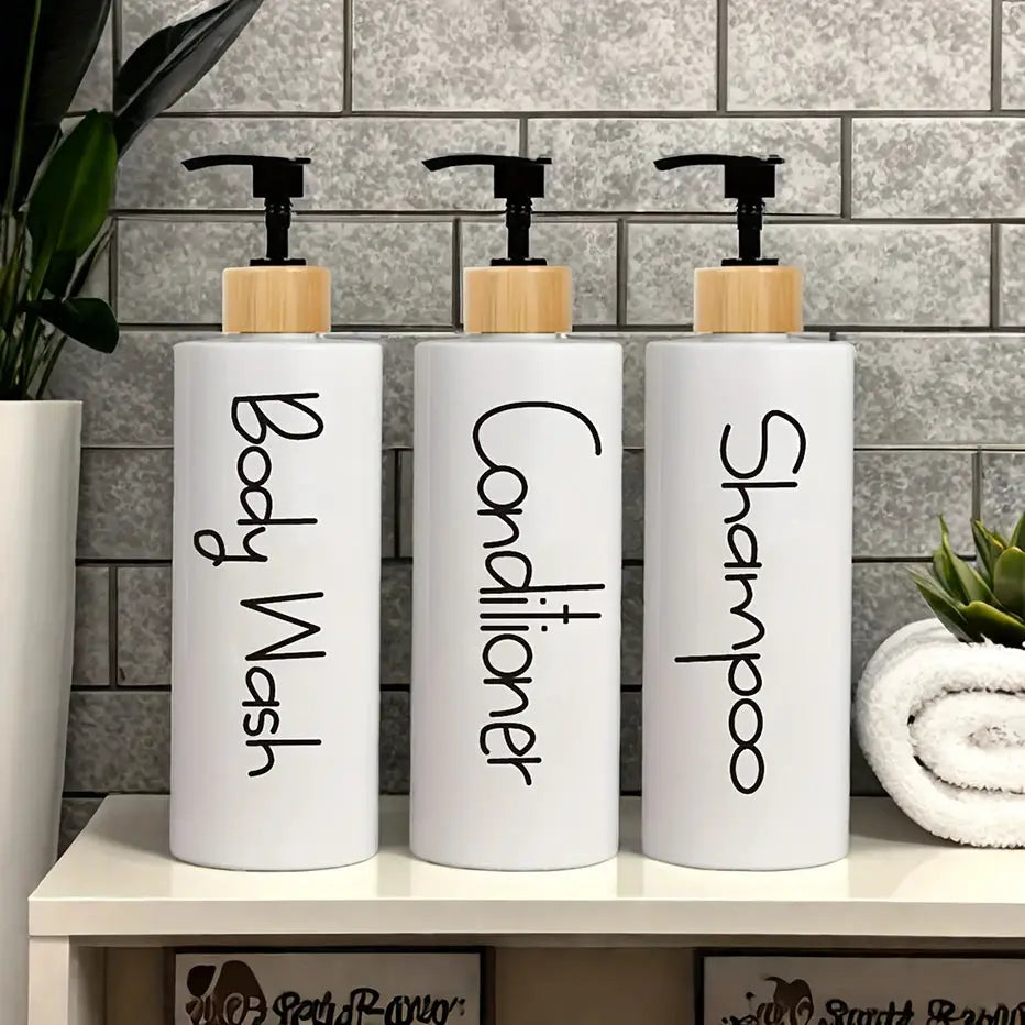 Three Pack Reusable Bathroom Pump Dispenser Bottles Shampoo Shower Gel