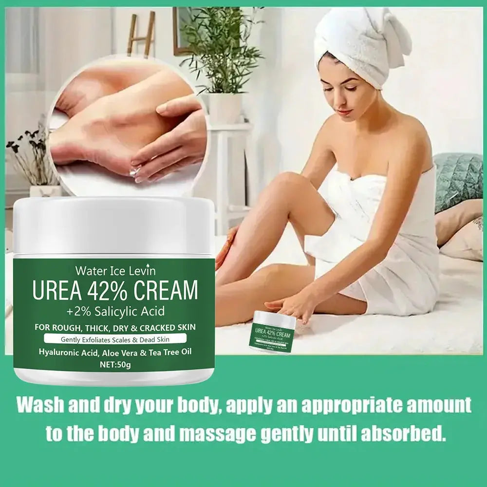 Simples Market Urea 42% Cream + 2% Salicylic Acid foot and hand moisturizer, two green jars, woman with towel.