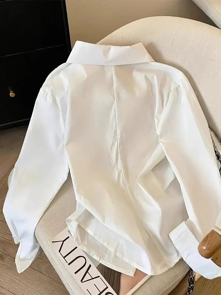 Designer Irregular Long Sleeve Polo Shirt Women Tunic White Elegant Basic Top Blouse For Workwear