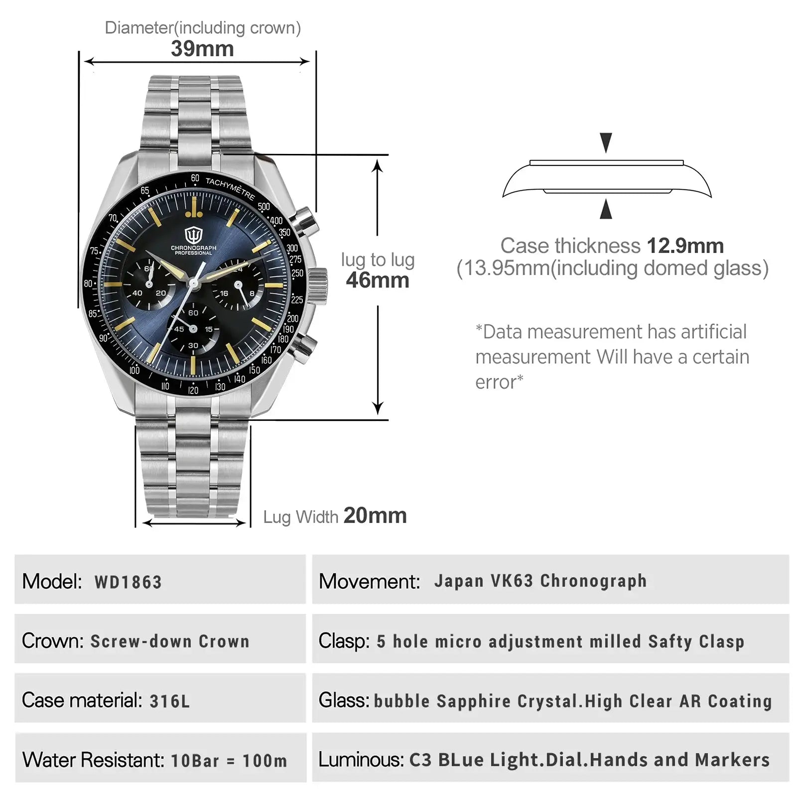 Watchdives WD1863 stainless steel chronograph watch by Simples Market with blue dial, sapphire crystal, luminous hands