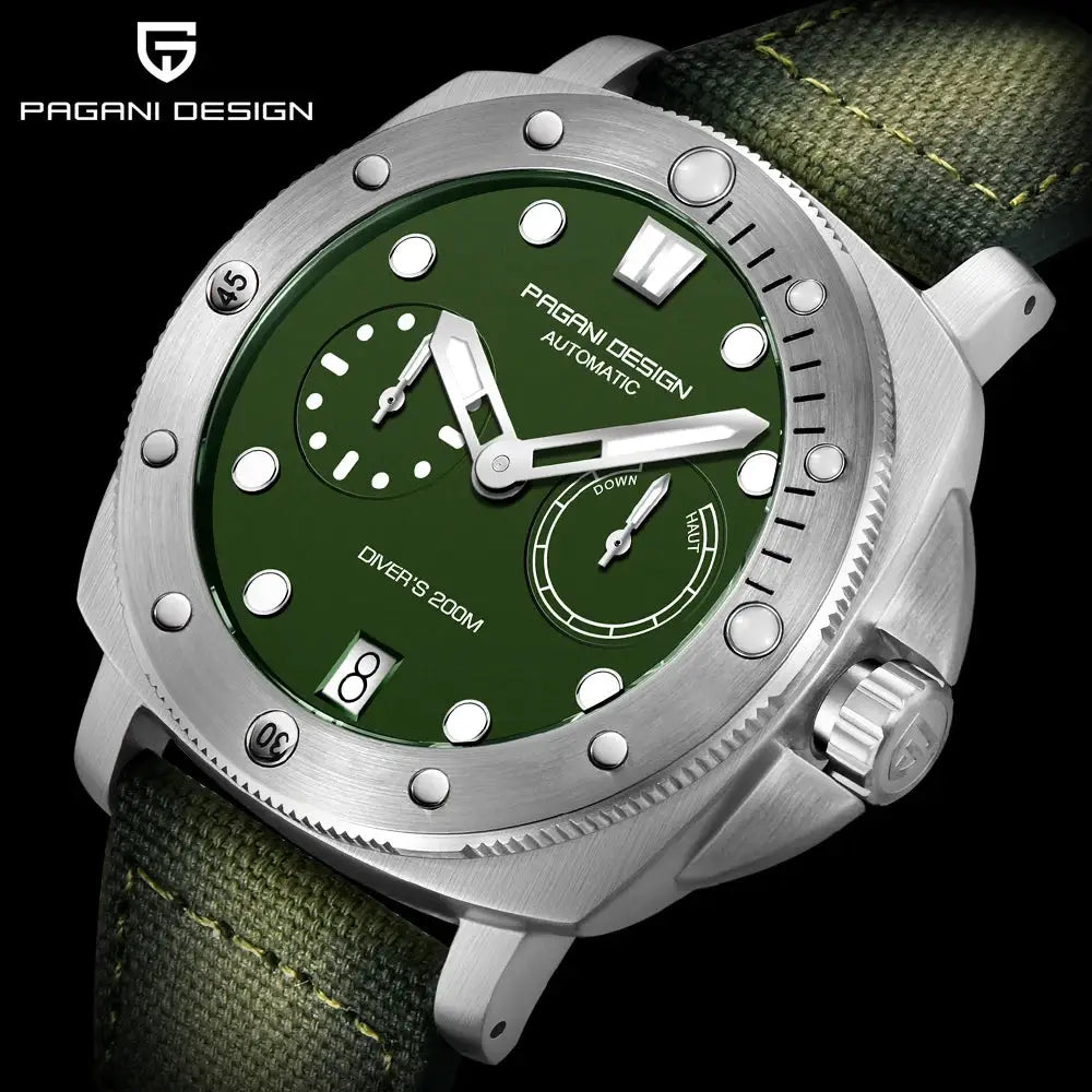 Pagani Design green-dial diver watch, stainless steel case, 200m water resistance, green fabric strap