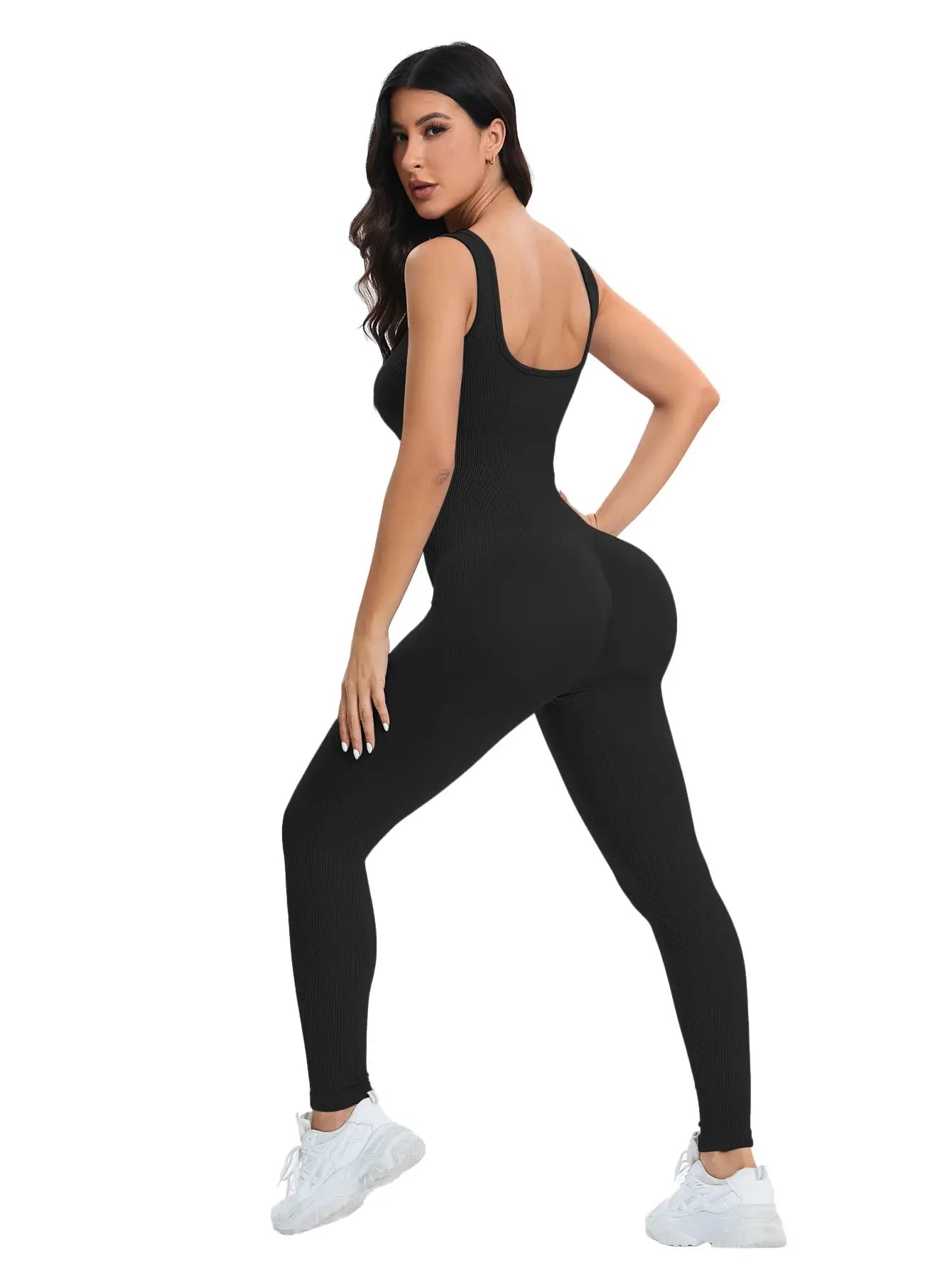 Simples Market women's ribbed black shapewear jumpsuit with built-in bra, sleeveless square-neck bodycon fit