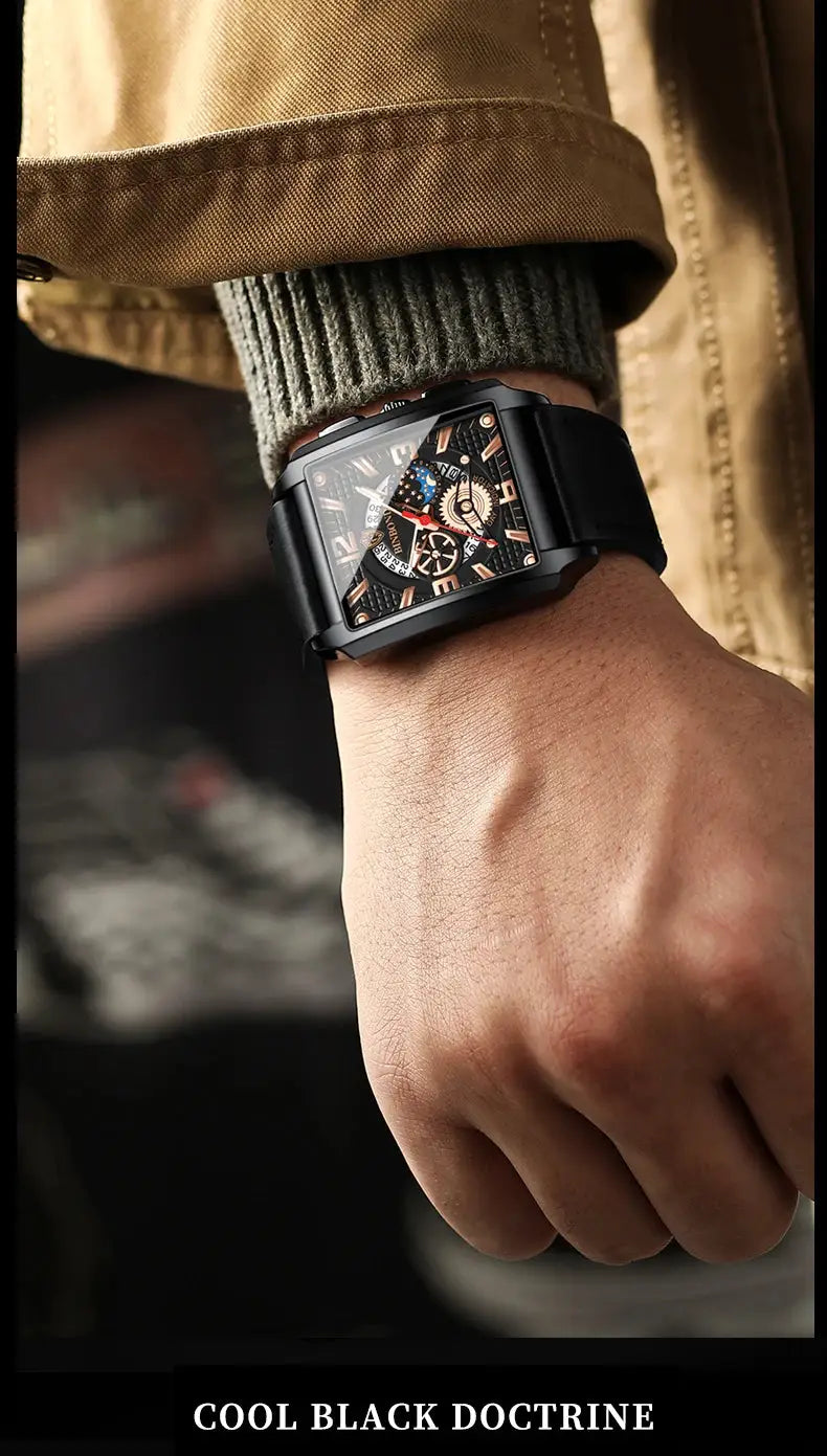 BINBOND men's black square watch with gold-tone skeleton dial and black strap