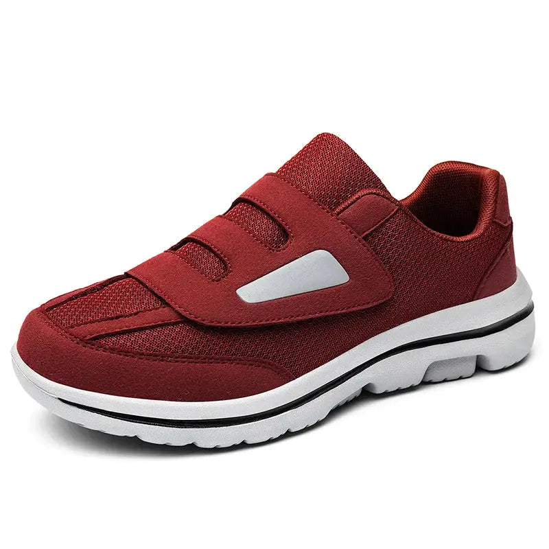 Wide-toe red sneakers with three velcro straps for swollen feet, orthopedic diabetic footwear.