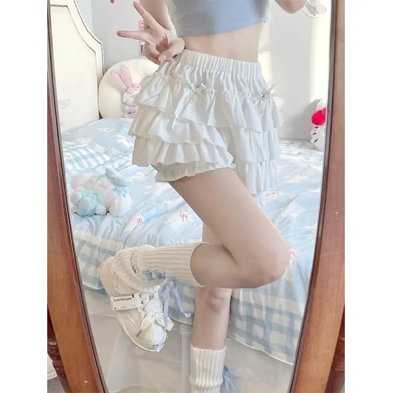 MEXZT Y2K Sweet Ruffles Mini Skirt by Simples Market in white, layered high-waist ruffles