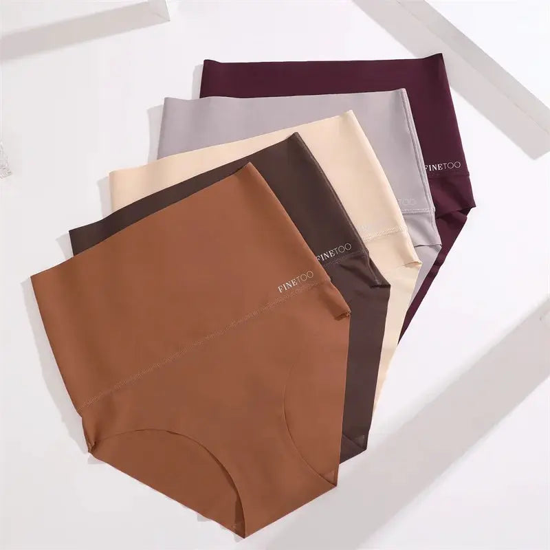 Seamless high-waist panties in a six-color assorted set with FINETOO waistband logo; breathable ice-silk fabric
