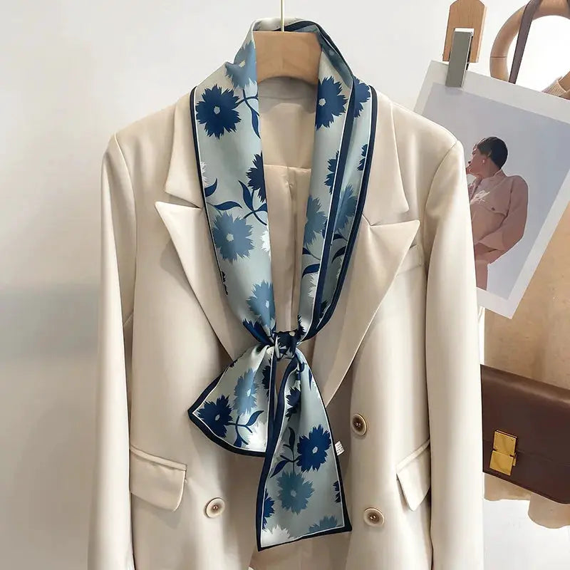 LuxeSilk Silk Feel Printed Design Scarf Versatile Long Narrow Silk Shawl For Fashionable Styles