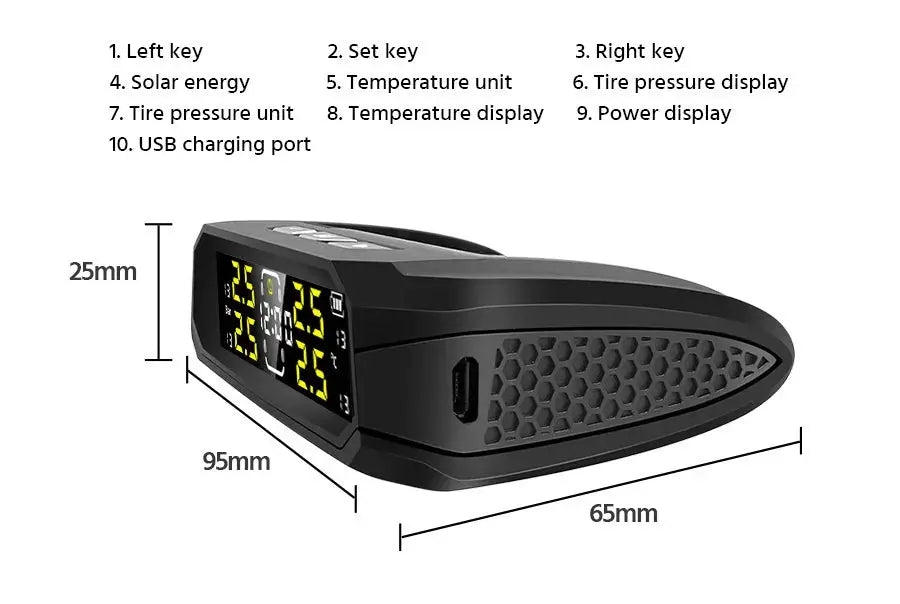 E-ACE Car TPMS Sensor 8 Bar Smart System with LCD display and solar power, black unit by Simples Market