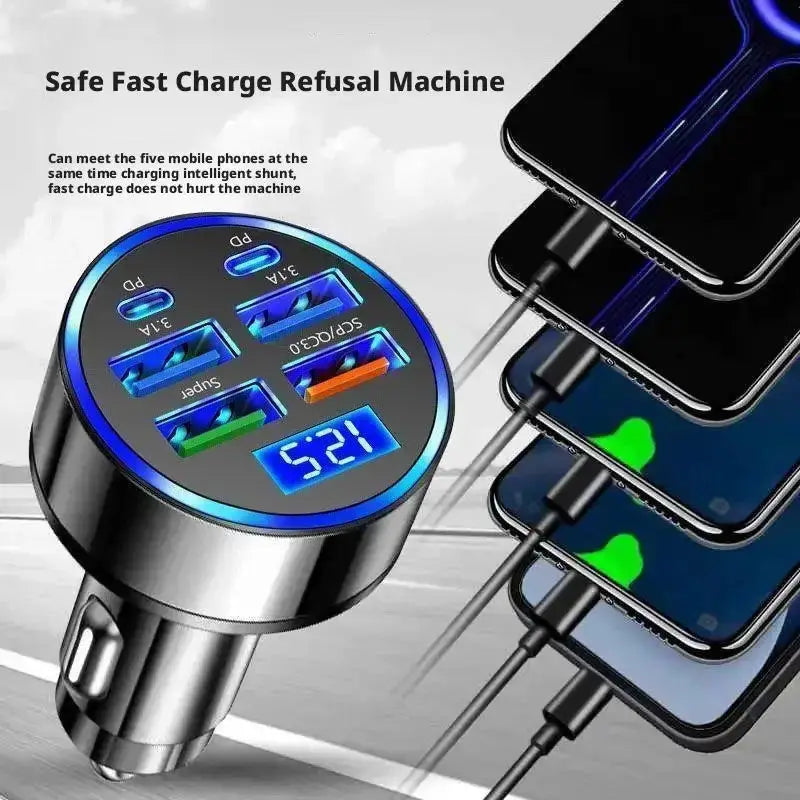 VoltForge 300W 6 Port Car Charger With USB C PD And QC3 Fast Charging Digital Display Road Ready Power Hub