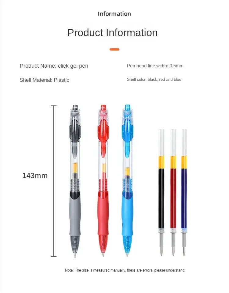 Set of 3 retractable gel pens with black, red and blue ink; includes 3 refills and transparent bodies with colored grips.